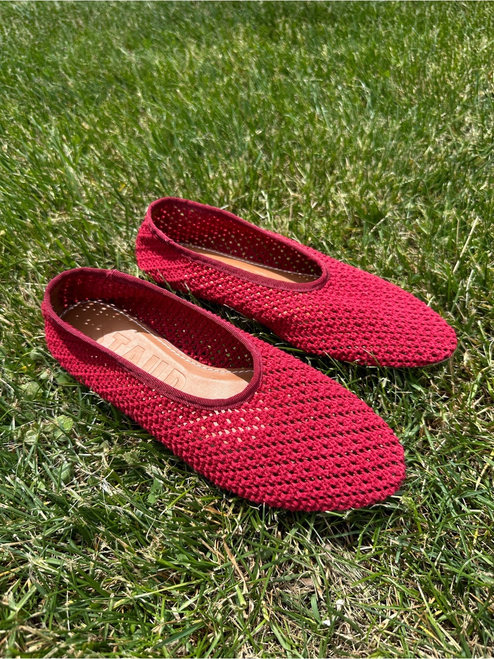 STAUD Alba Grosgrain Women's Red Crochet Slip-On Ballet Flats. NEW